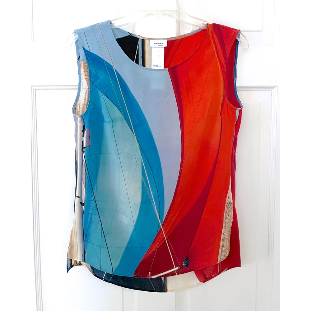 Akris Punto Mainsail Sailboat Alice Sail Print Silk Blouse Top Colorblock Red 4